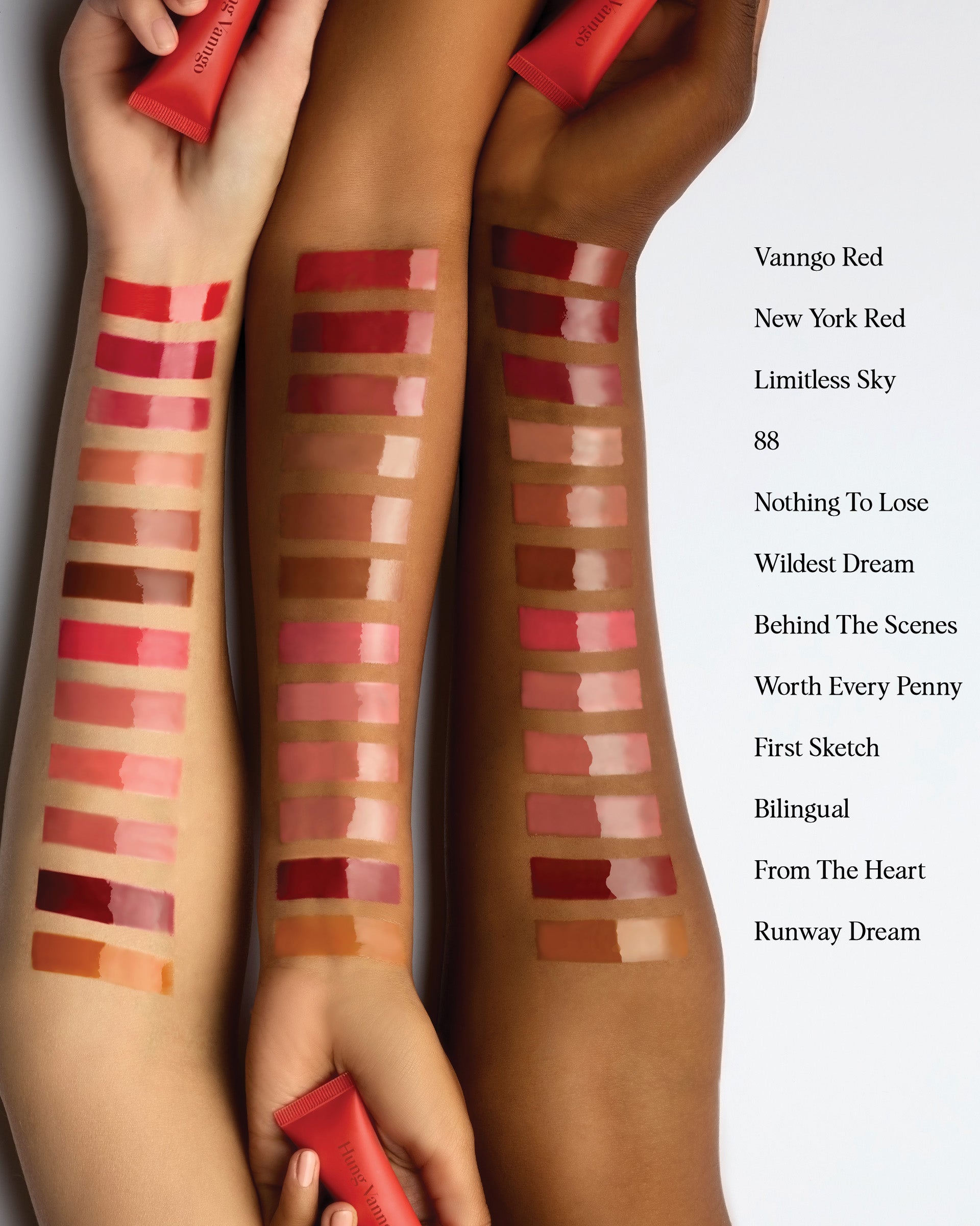 Lip gloss swatches on three different skin tones with product names listed.