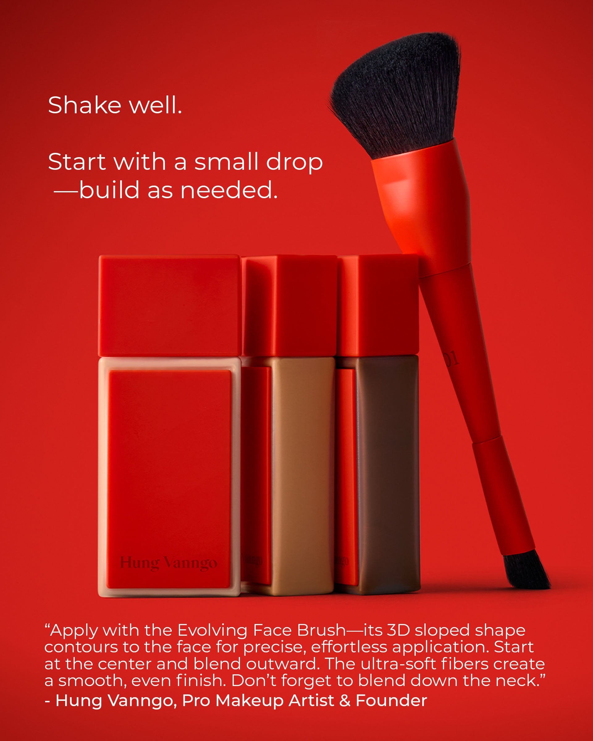 Hung Vanngo Evolving Face Brush makeup set against a solid red background, featuring four square foundation tubes, alongside a red face brush with black bristles and white instructional text.