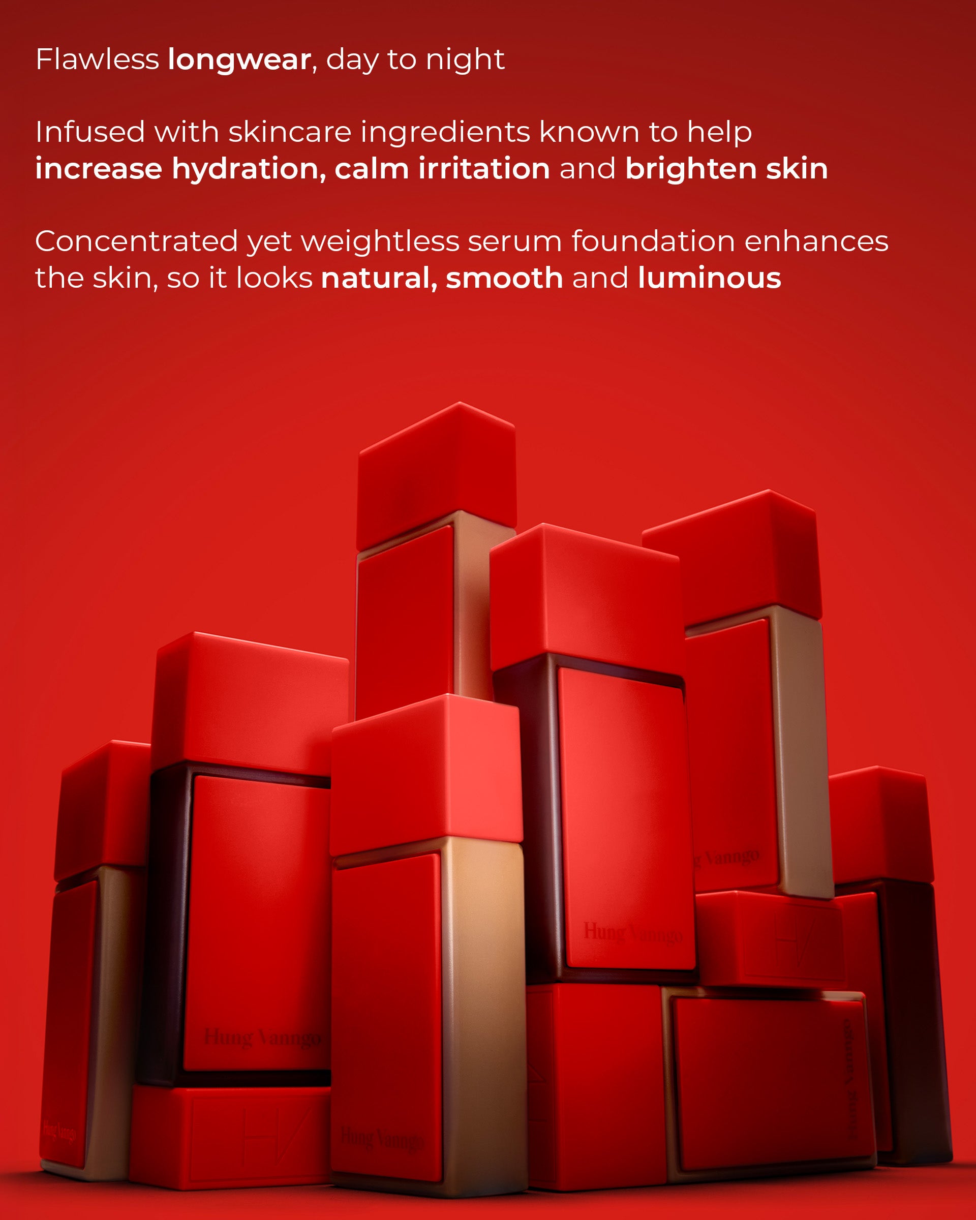 A stack of red Hung Vanngo Beauty foundation bottles set against a solid red background with white promotional text describing skincare benefits.