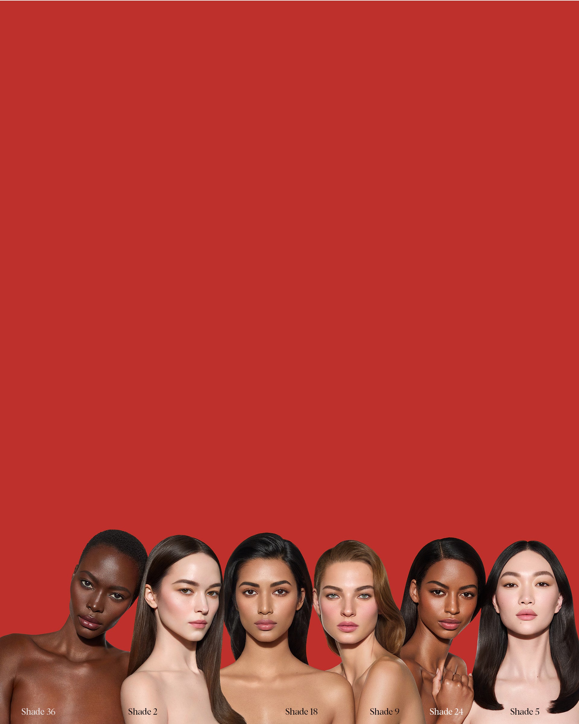 Six female models shown from shoulders up against a solid red background, arranged in a row with shade labels beneath them: Shade 1, Shade 2, Shade 3, Shade 4, Shade 5, and Shade 6.