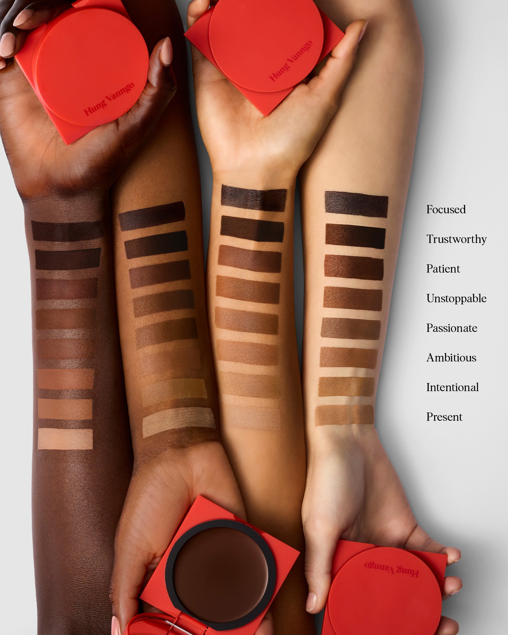 Hands holding Hung Vanngo Tansculpt cream contour with swatches on their arm.