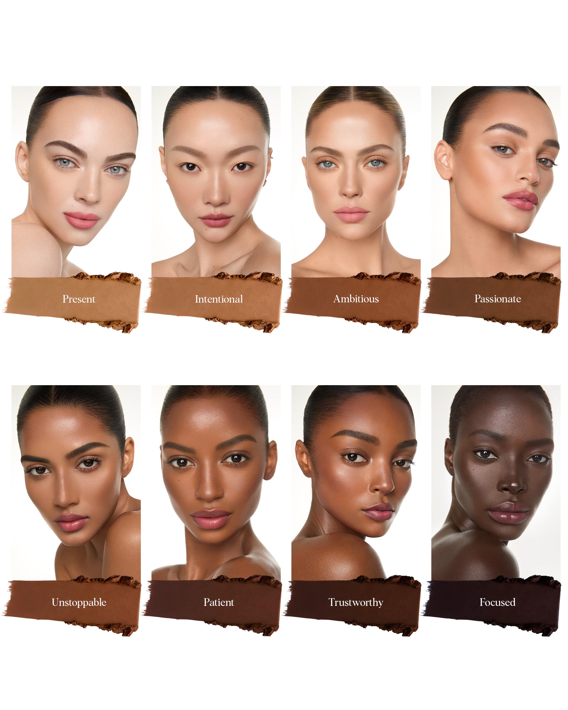 Set of eight faces wearing Hung Vanngo Tansculpt different skin tones and expressions, each labeled with a descriptor.