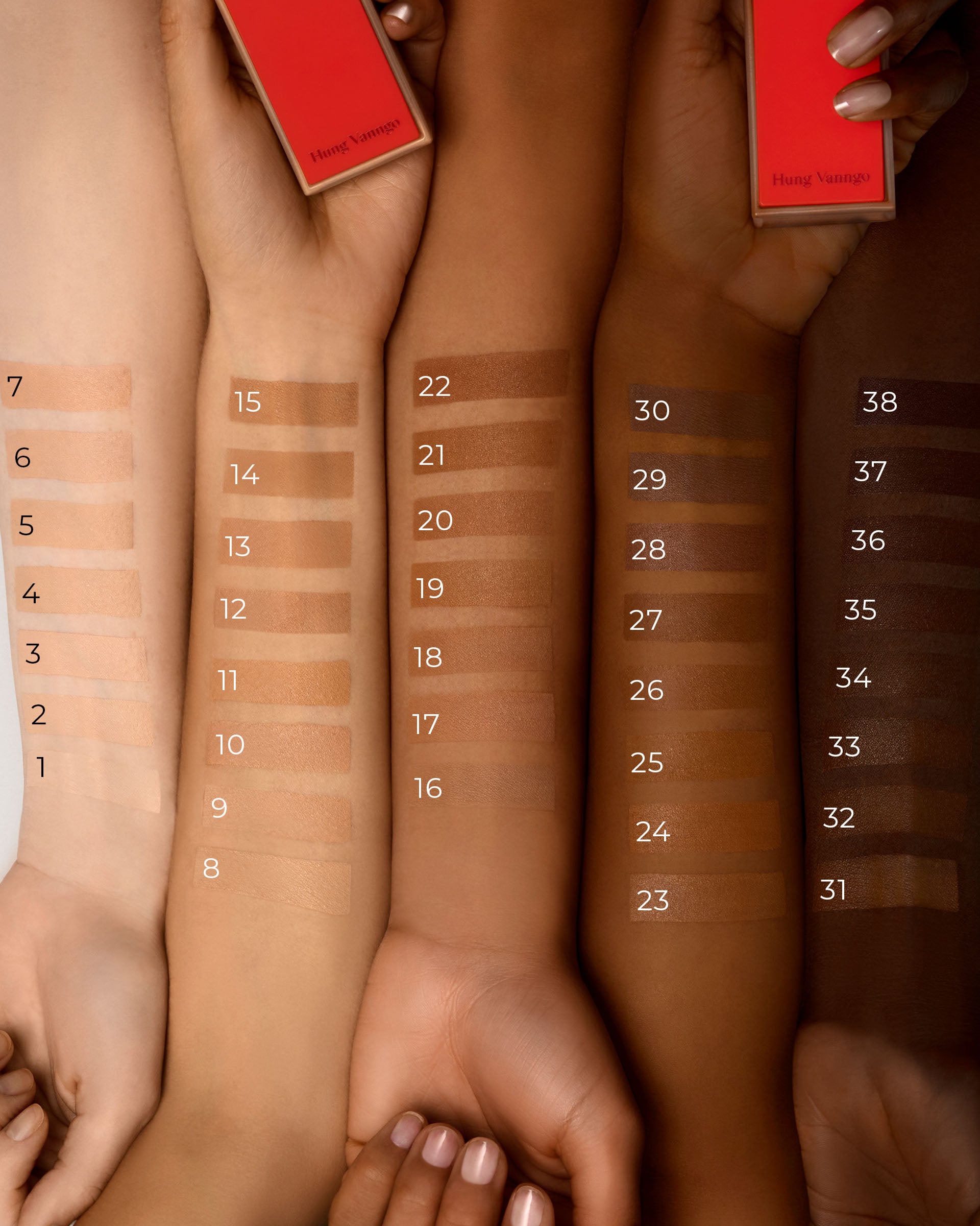 Five arms with numbered makeup swatches arranged in a color gradient from light beige to deep brown