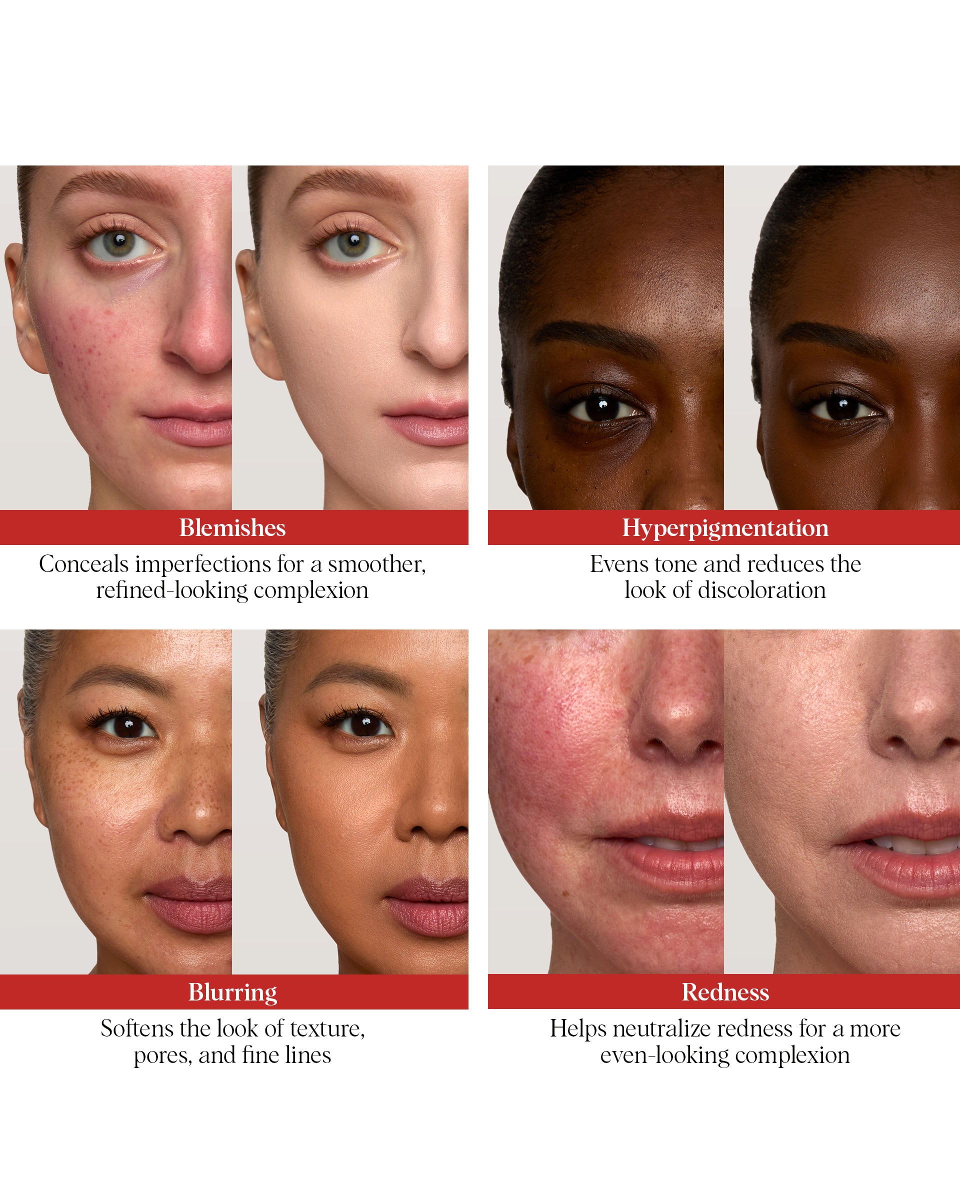 A six-panel before-and-after comparison grid showing makeup results, including Blemishes, Hyperpigmentation, Blurring, and Redness. Each panel shows two side-by-side facial close-ups with text labels underneath describing the effects.