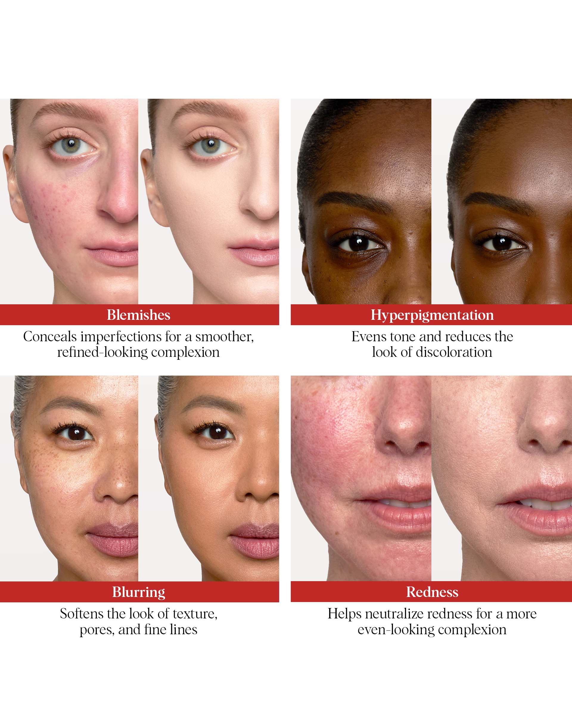 A six-panel before-and-after comparison grid showing makeup results, including Blemishes, Hyperpigmentation, Blurring, and Redness. Each panel shows two side-by-side facial close-ups with text labels underneath describing the effects.